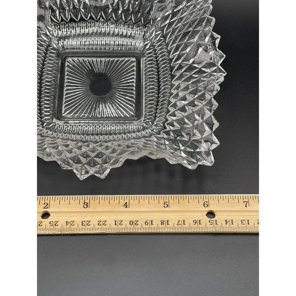 Diamond Point Square Glass‎ Bowl Clear Sunburst Center 7 Inch